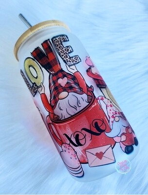 Valentine's Day Gnome Love 16oz Frosted Glass Can Tumbler
