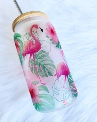Pink Flamingo 16oz Frosted Glass Can Tumbler