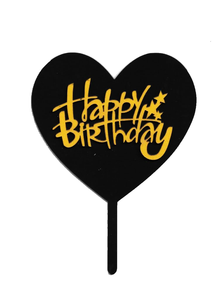 Happy Birthday Cake Topper Black Heart With Golden Text