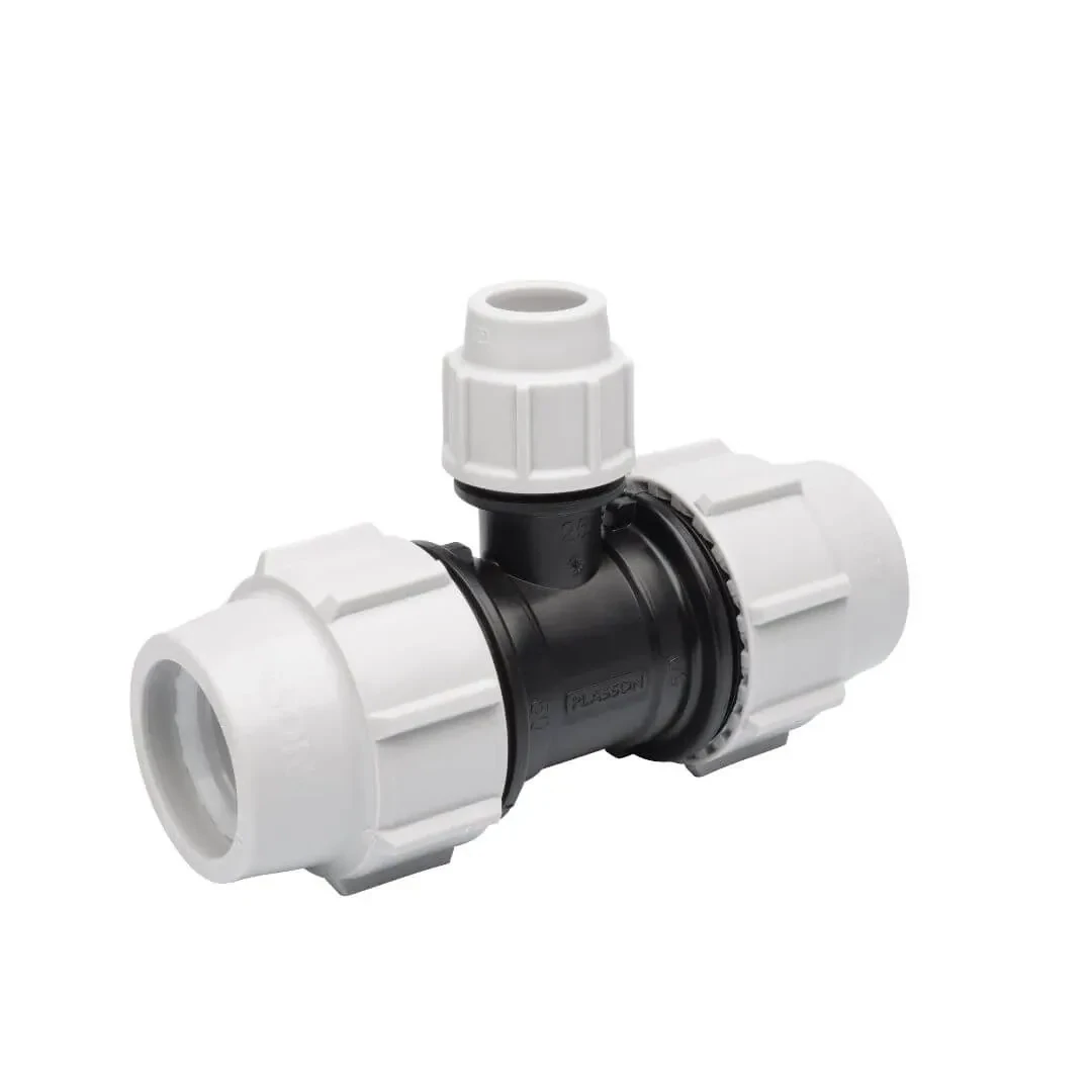 63 x 50 x 63mm Plasson® 90° Reducing Tee Compression Fitting 7340 63 x 50 x 63mm Plasson® 90° Reducing Tee Compression Fitting 7340