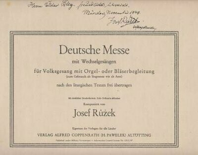 ​RUZEK, JOSEF: Deutsche Messe für Volksgesang mit Orgel- oder Bläserbegleitung