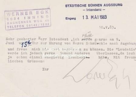 ​EGK, WERNER (1901-1983): Maschinengeschriebene Postkarte mit Unterschrift