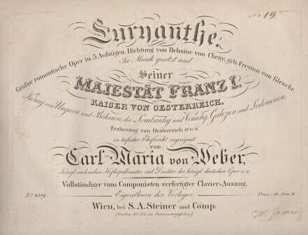 ​WEBER, CARL MARIA VON: [J 291] Euryanthe. Klavierauszug. Wien [1823]. Erstausgabe