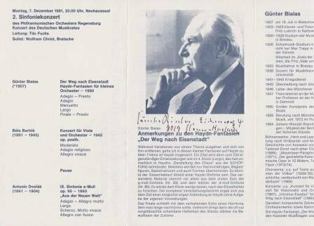 ​BIALAS, GÜNTER (1907-1995): Konzertprogramm mit eigenhändigem Namenszug und Adresse