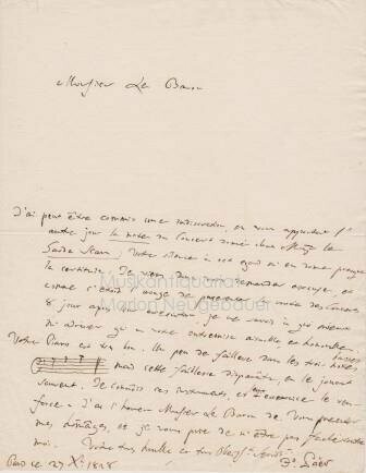 ​PAER, FERDINANDO (1771-1839): Eigenhändiger Brief mit Unterschrift und Notenbeispiel. Paris 27.10.1828