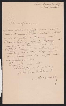​SOUBIES, ALBERT (1846-1918; Pseud. B. de Lamagne): Eigenhändiger Brief