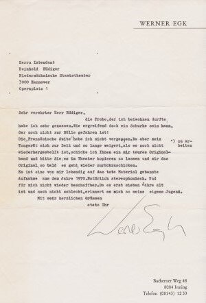 ​EGK, WERNER (1901-1983): Maschinengeschriebener Brief mit eigenhändiger Unterschrift
