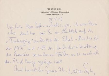 ​EGK, WERNER (1901-1983): Eigenhändiger Brief mit Unterschrift
