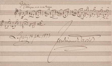 ​DAVID, FERDINAND (1810-1873): Eigenhändiges musikalisches Albumblatt. Notenzitat aus der Suite für Violine solo op. 43 ("Gigue"); fünf Monate vor seinem Tod niedergeschrieben