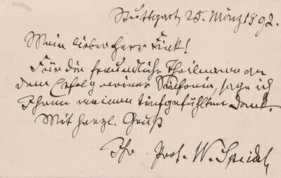SPEIDEL, WILHELM (1826-1899): Eigenhändiges Briefkärtchen mit Unterschrift