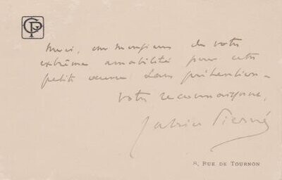 ​PIERNÉ, GABRIEL (1863-1937): Eigenhändiges Briefkärtchen mit Unterschrift