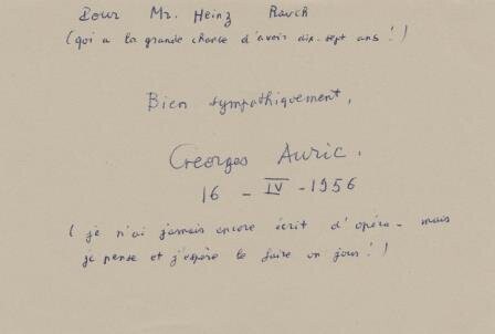 AURIC, GEORGES (1899-1983): Eigenhändiges Schriftstück mit Unterschrift