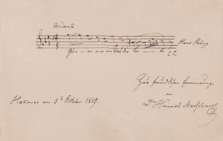 ​MARSCHNER, HEINRICH (1795-1861): Eigenhändiges musikalisches Albumblatt. "Gönne mir ein Wort der Liebe aus der Oper "Hans Heiling". Hannover 5.10.1857