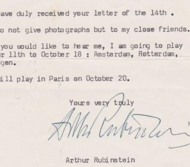 ​RUBINSTEIN, ARTHUR (1887-1982): Maschinengeschriebener Brief mit eigenhändiger Unterschrift