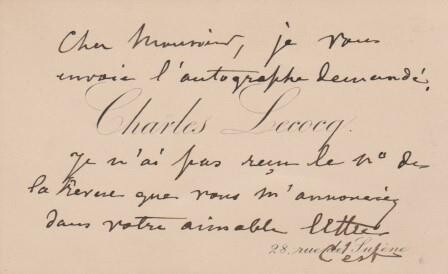 ​LECOCQ, CHARLES (1832-1918): Eigenhändig beschriebene Visitenkarte