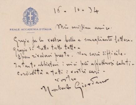 ​GIORDANO, UMBERTO (1867-1948): Eigenhändige Briefkarte