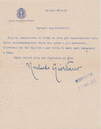 ​GIORDANO, UMBERTO (1867-1948): Maschinengeschriebener Brief mit eigenhändiger Unterschrift
