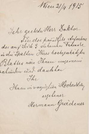 ​GRÄDENER, HERMANN (1844-1929): Eigenhändiger Brief