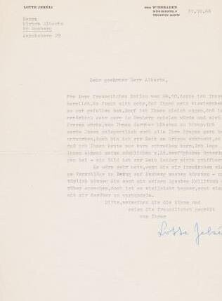 ​JEKÉLI, LOTTE (1927-2018): Maschinengeschriebener Brief mit eigenhändiger Unterschrif