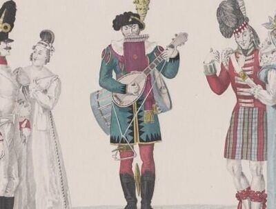 ​[GATINE, GEORGES-JACQUES]: Le Troubadour jouant de Six Instrumens. Le Bon Genre, No. 86. Altkolorierter Kupferstich. [Paris 1817]