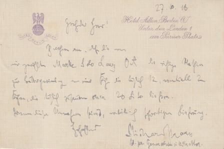 ​STRAUSS, RICHARD (1864-1949): Eigenhändige Briefkarte mit Unterschrift. Berlin 22.6.1918