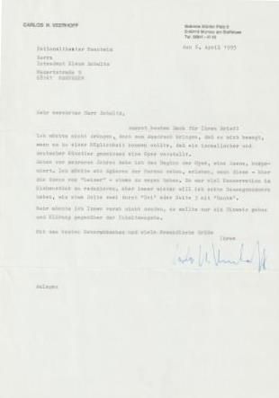 VEERHOFF, CARLOS H. (1926-2011): Maschinengeschriebener Brief zu seiner Oper "Der Schützling" (Kishon)