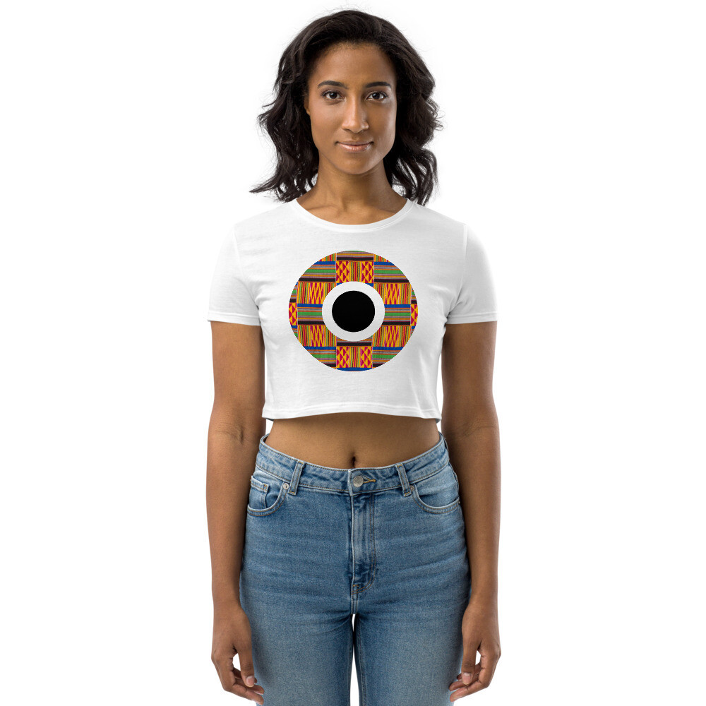 G4P Organic Crop Top in White with Afro Circular Print Pattern