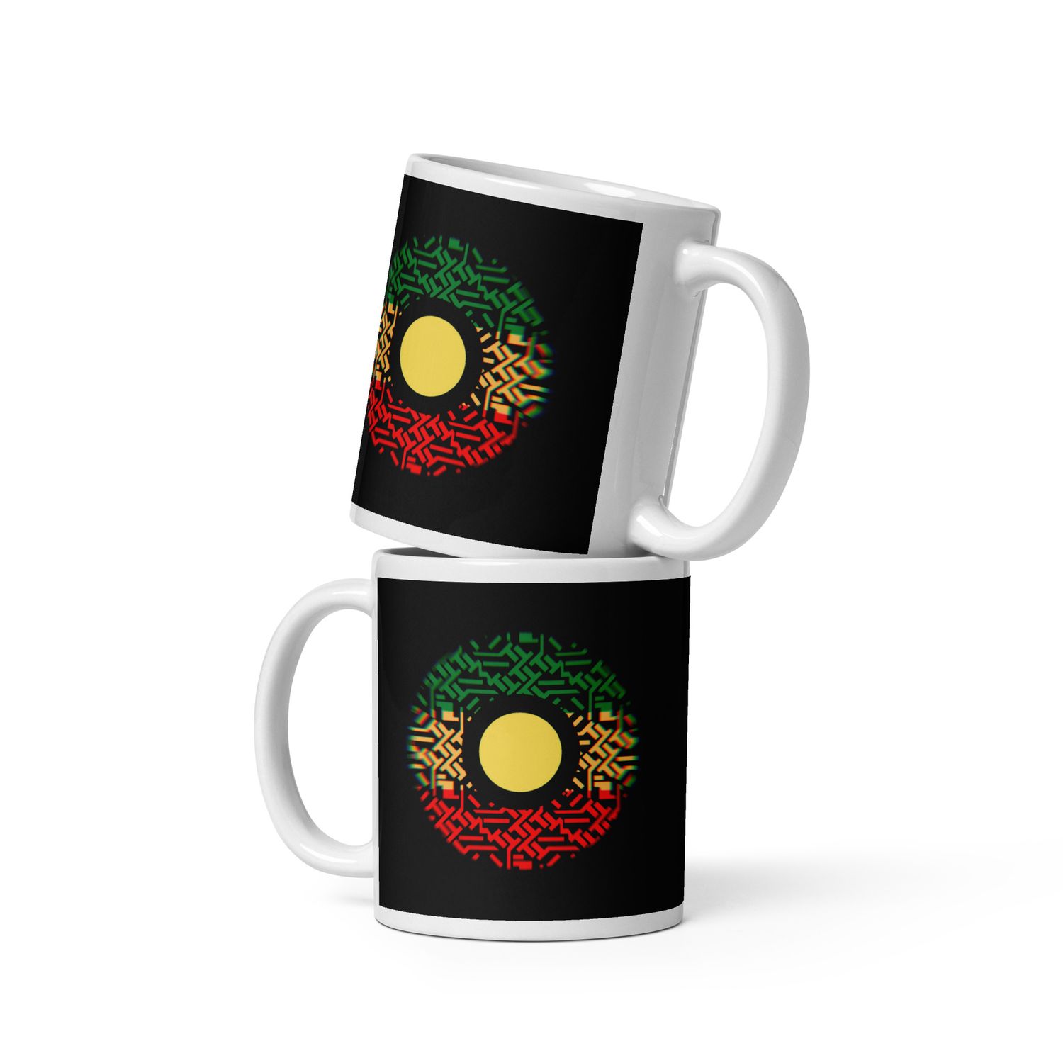 G4P White glossy mug with Afro pattern  on Black Background Design 