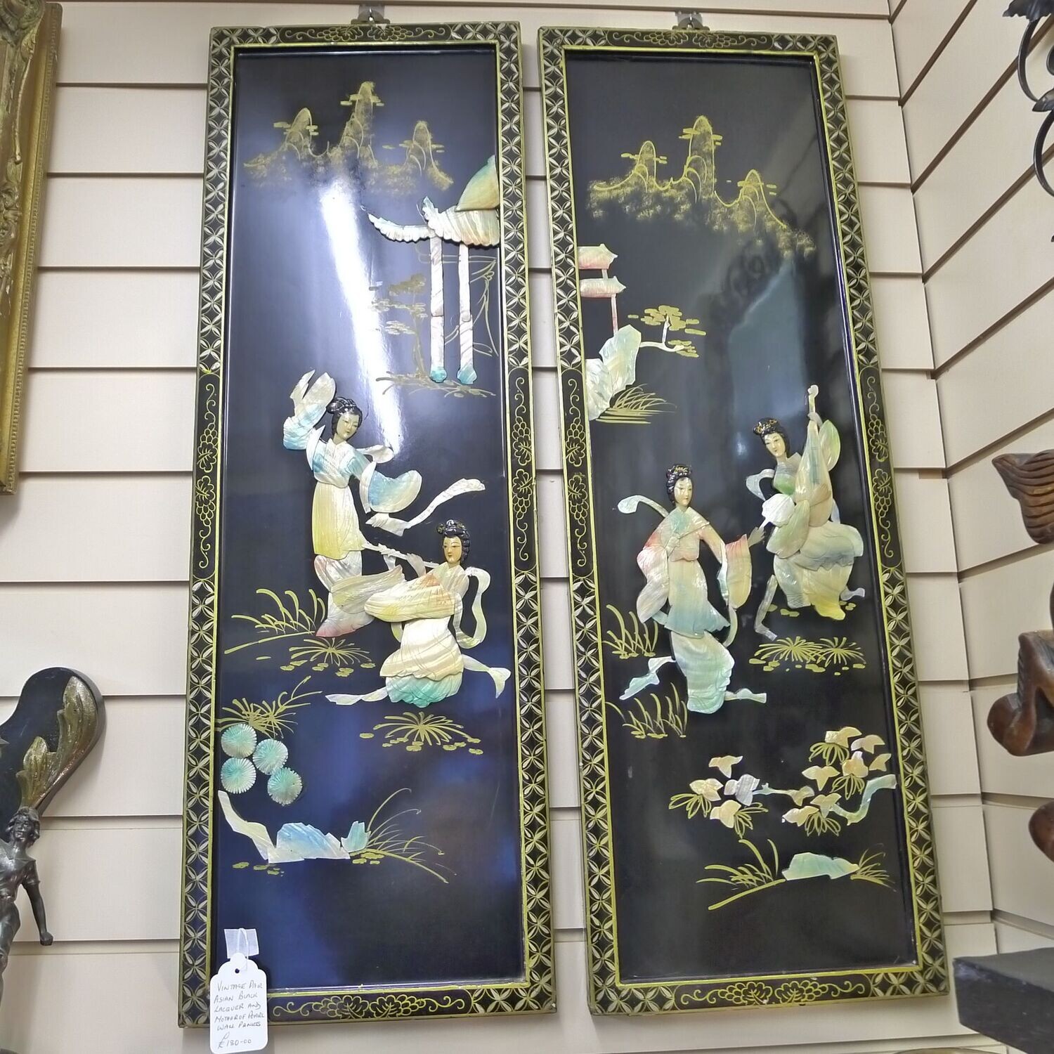 Wonderful Asian Mother of Pearl ebony framed Wall art (pair) Approx 3 ft tall