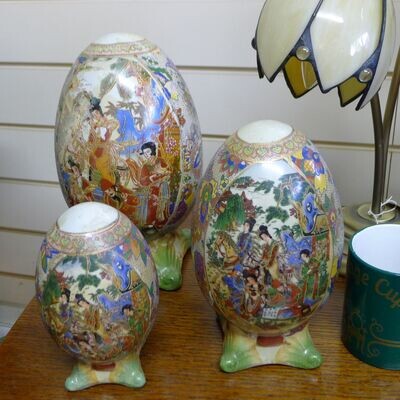 Trio of Hand painted Satsuma style porcelain Eggs