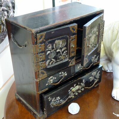 Antique Chinese Black Lacquer and mother of pearl miniature set of drawers