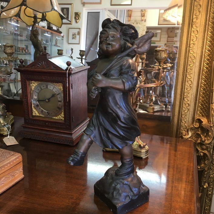 Antique French Bronze Girl in Revolutionary walk with Flag