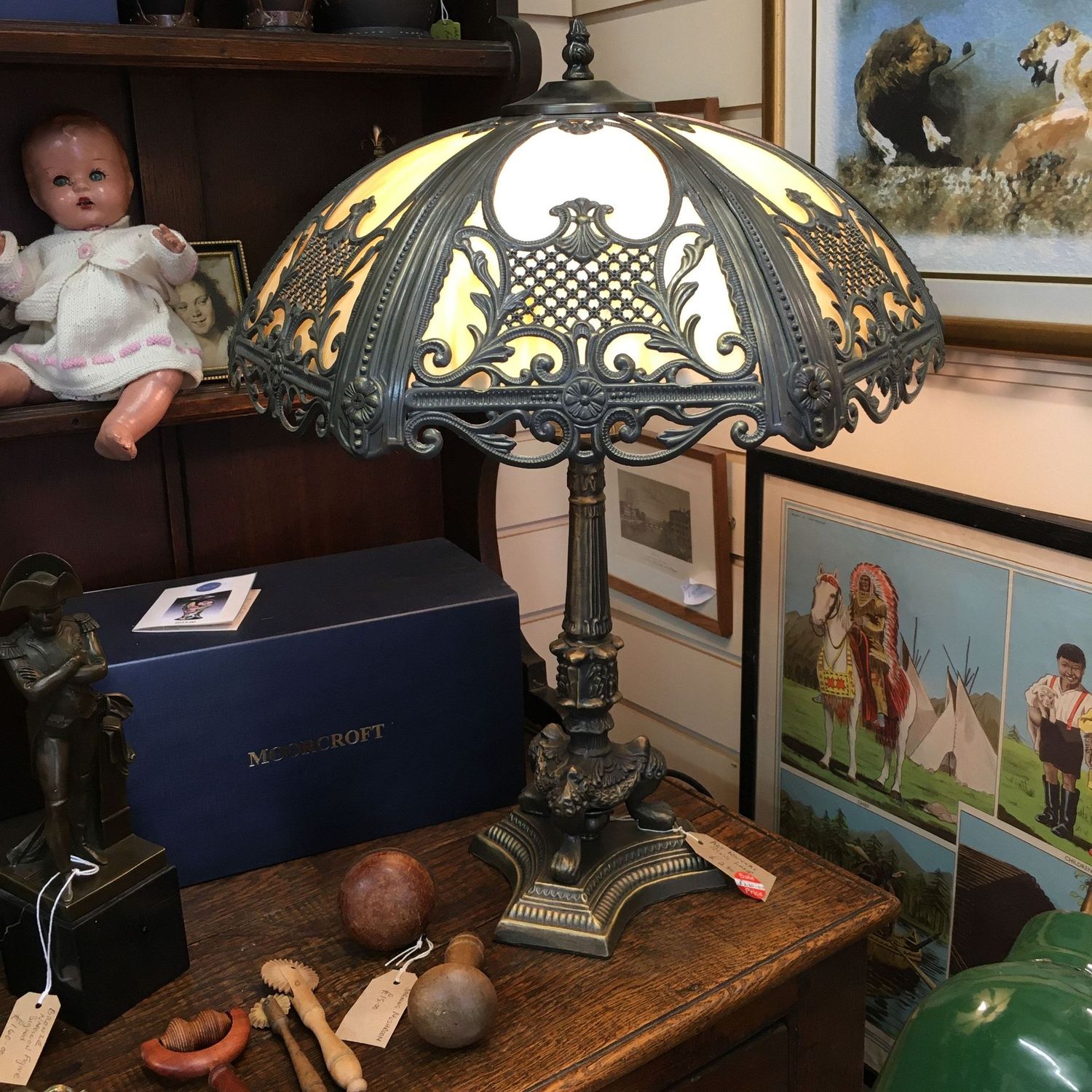 Bronze and Slag glass Art Nouveau Lamp
