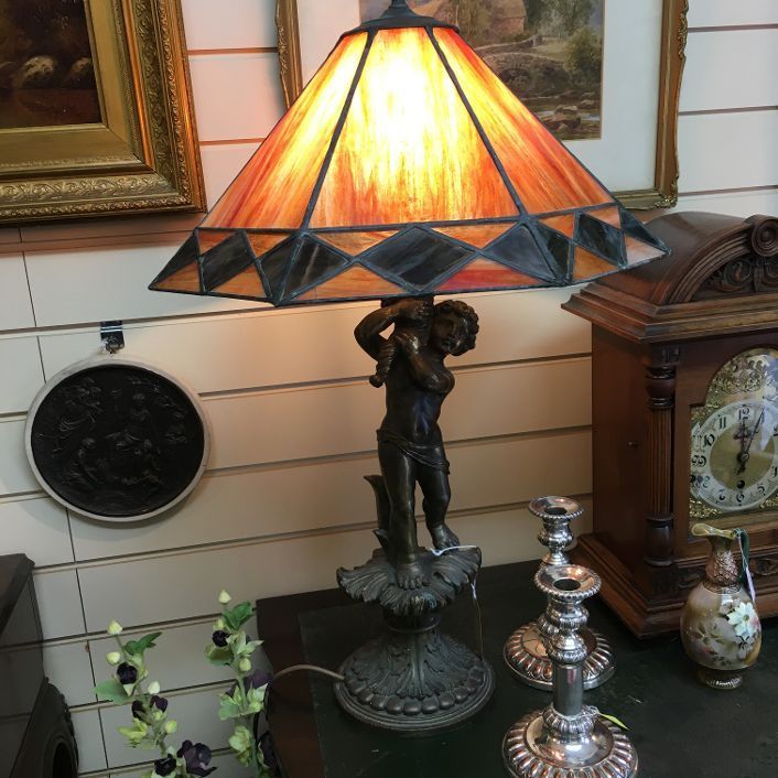 Bronze  figurine based Lamp with Art Deco Glass shade.