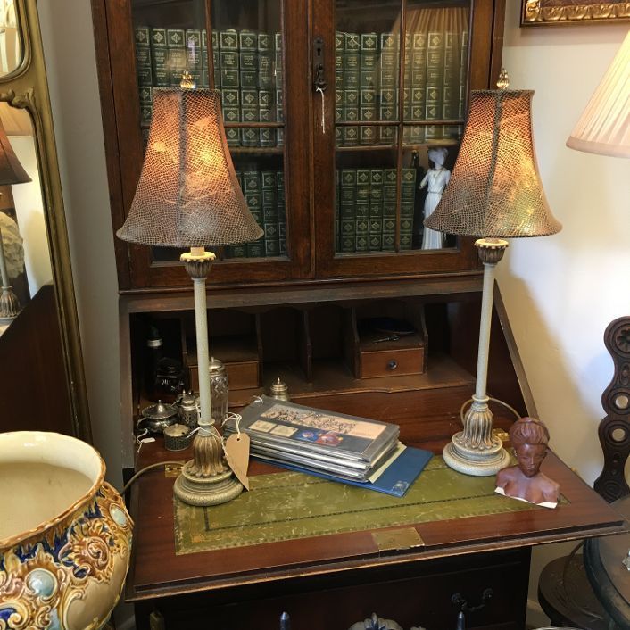 Pair of slim elegant lamps. Crackle glazed bases with Faux snakeskin shades.