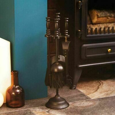 Black Companion Set 5 Piece Fireplace Brush Poker Shovel Tongs Cast Iron Tools UK NEW