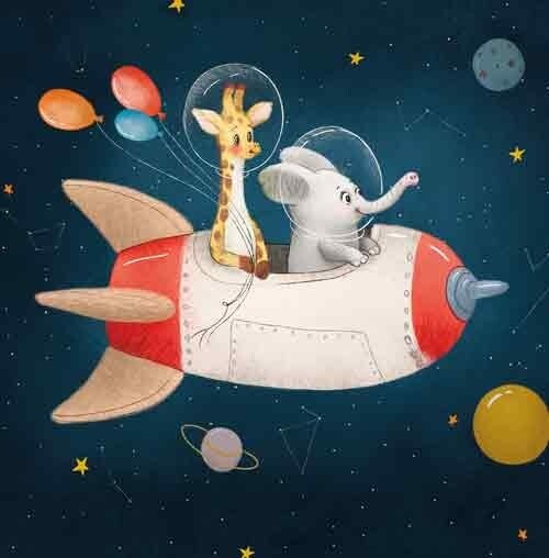 Olifant en giraf in de ruimte