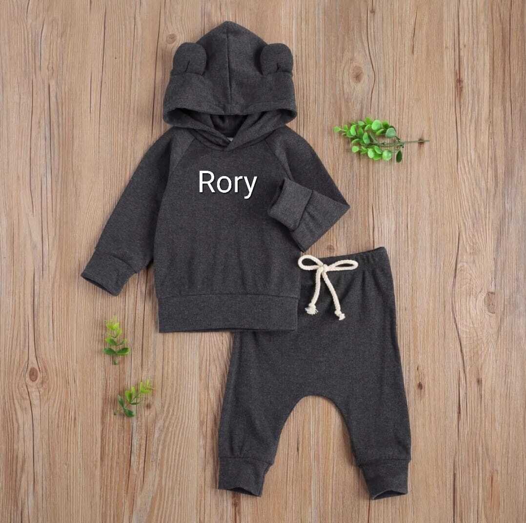 Personalised Bear Ribbed Loungewear Dark Grey