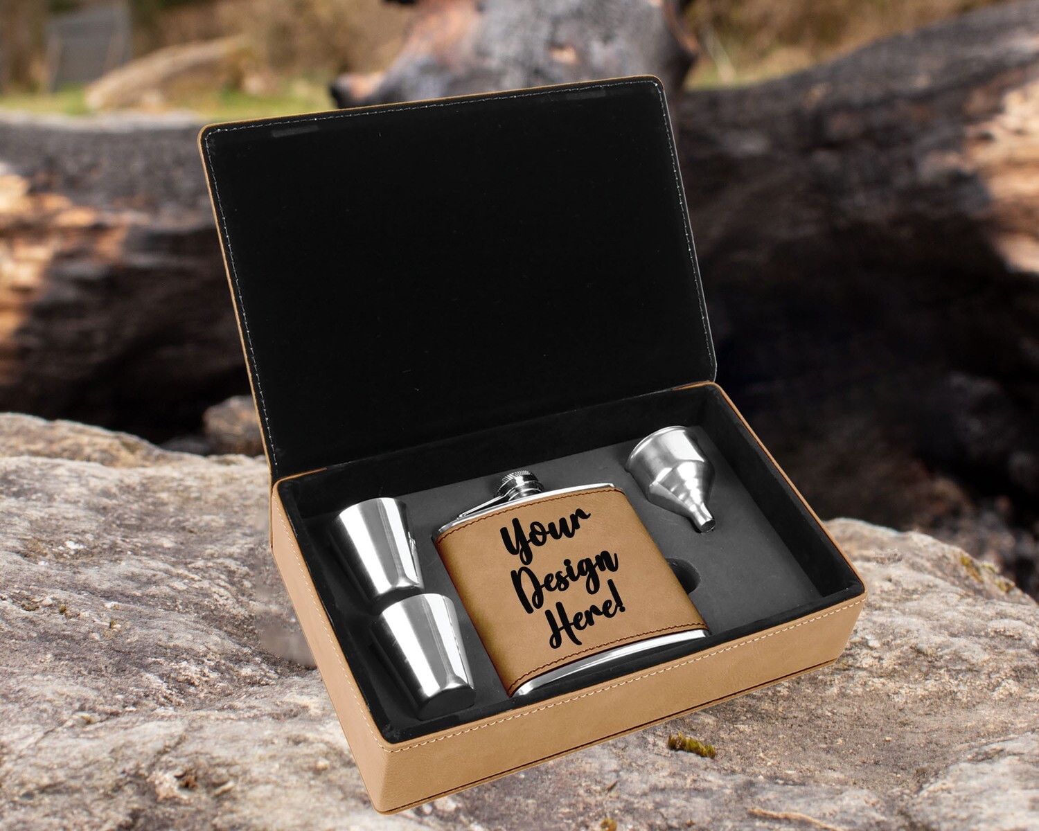 Customized Leatherette Flask Set, Color: Light Brown - Black
