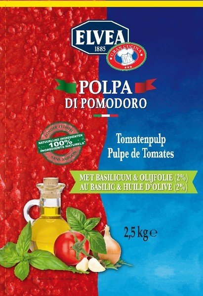 Tomaten pulp met basilicum 4 kg zak Tomaten pulp met basilicum 4 kg zak
