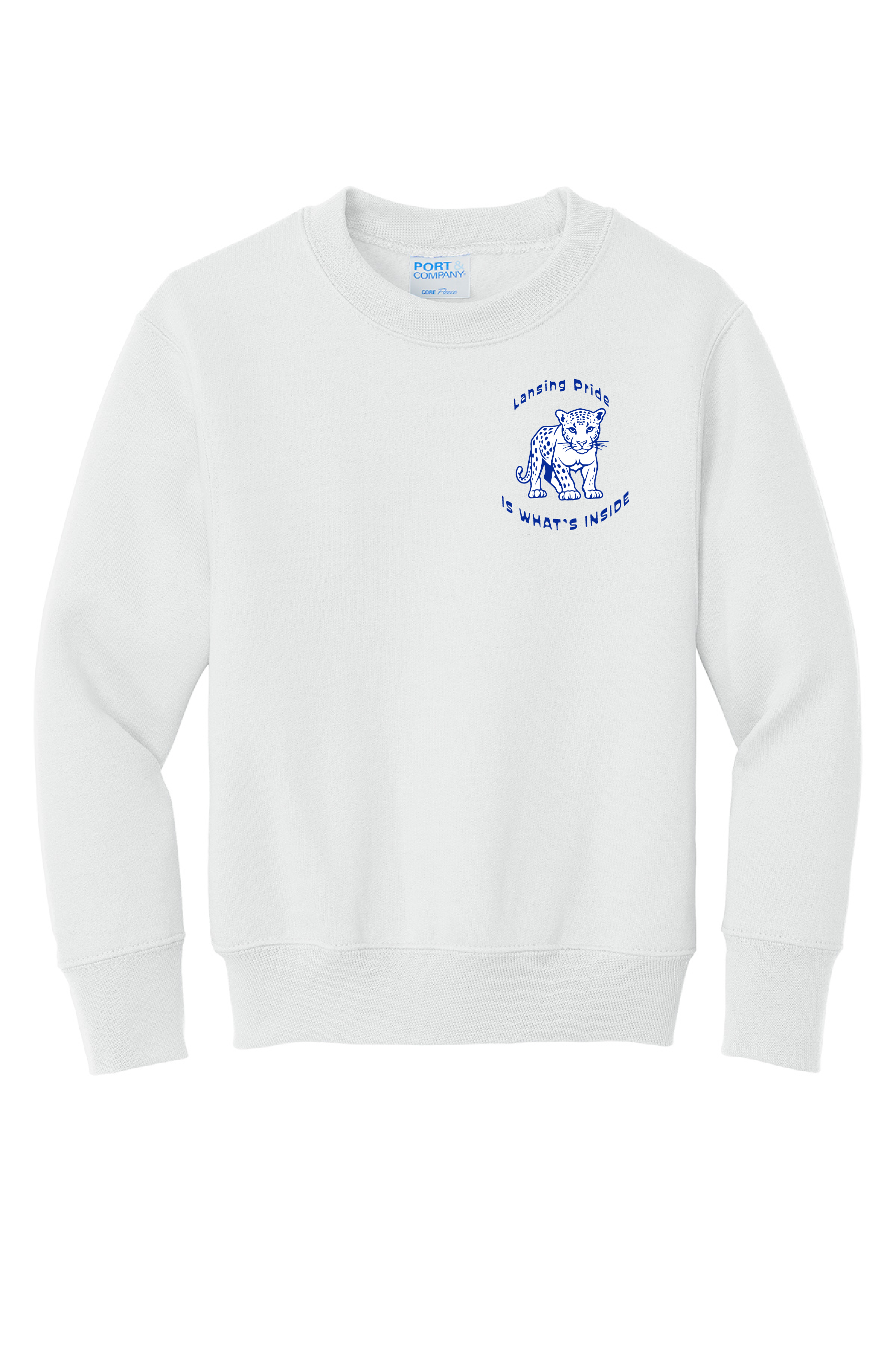 YOUTH Sweatshirt - BLUE or WHITE - Lansing Pride Inside - SMALL LOGO