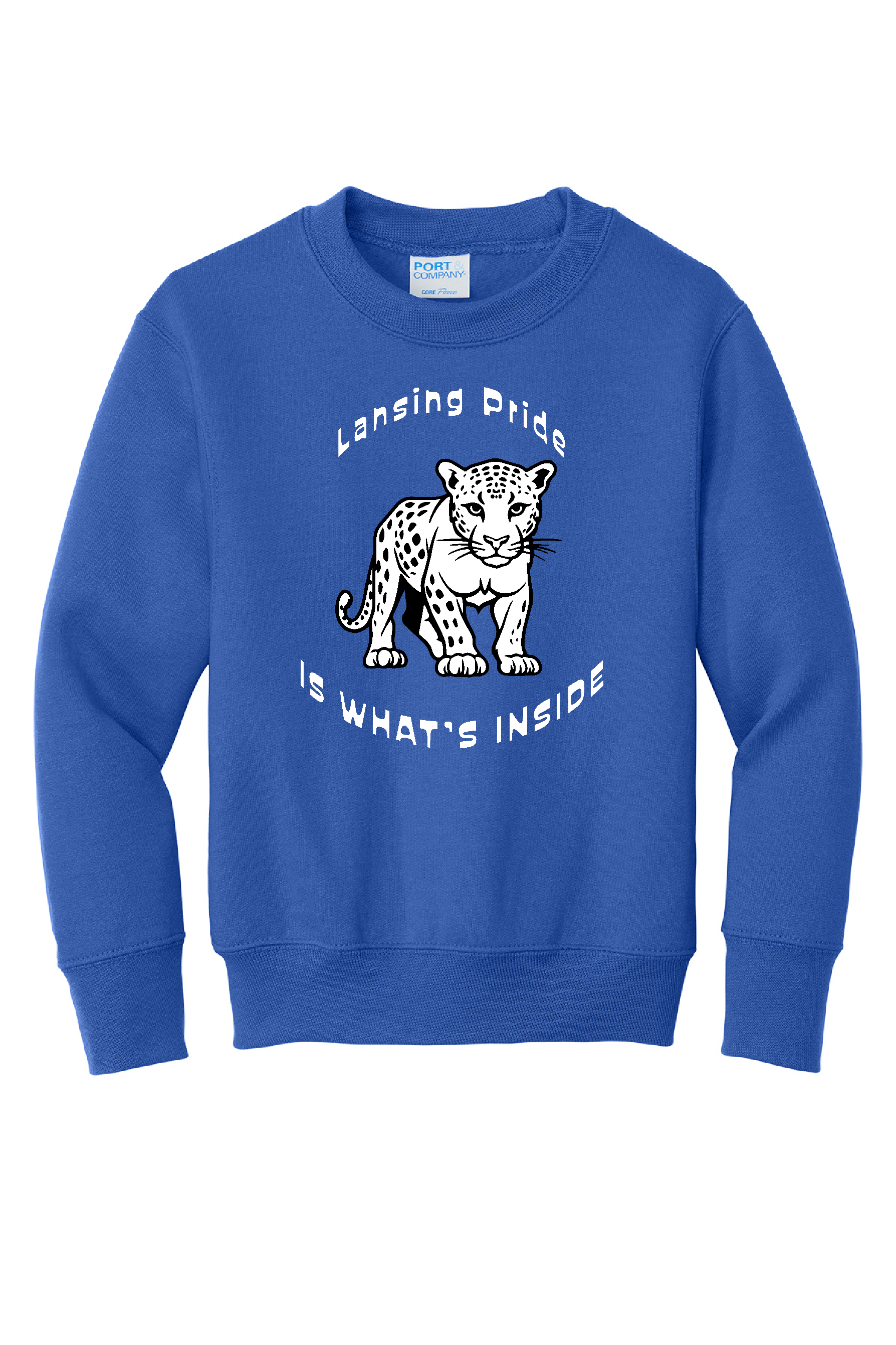 ADULT Sweatshirt - BLUE or WHITE - Lansing Pride Inside - LARGE LOGO