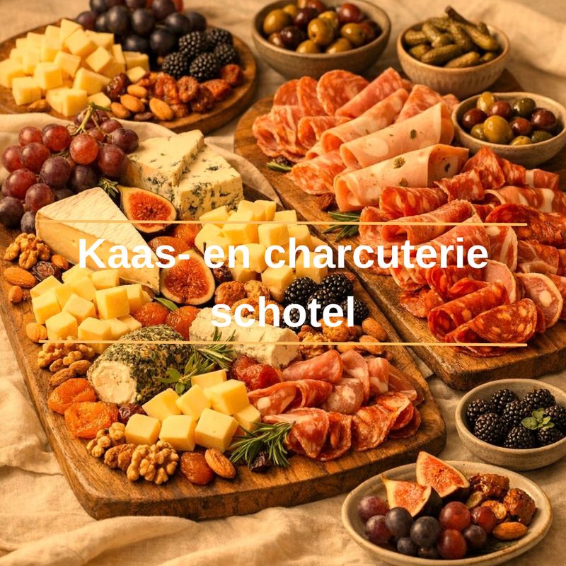 Kaas- en charcuterieschotel met fruit, garnituren en broodjes - vanaf 10 personen