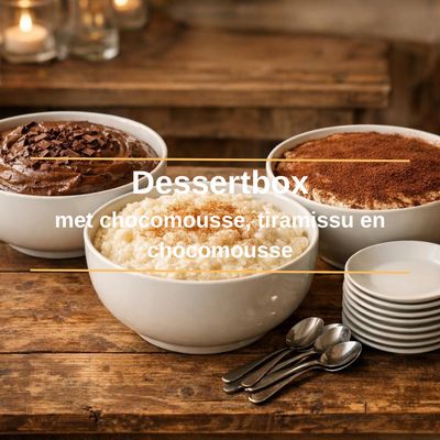 Dessertbox met rijstpap, tiramisu en chocomousse - vanaf 10 personen