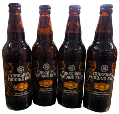 YORKSHIRE PUDDING BEER 4 X 500ML BOTTLES. HALF A PUD IN EVERY BOTTLE