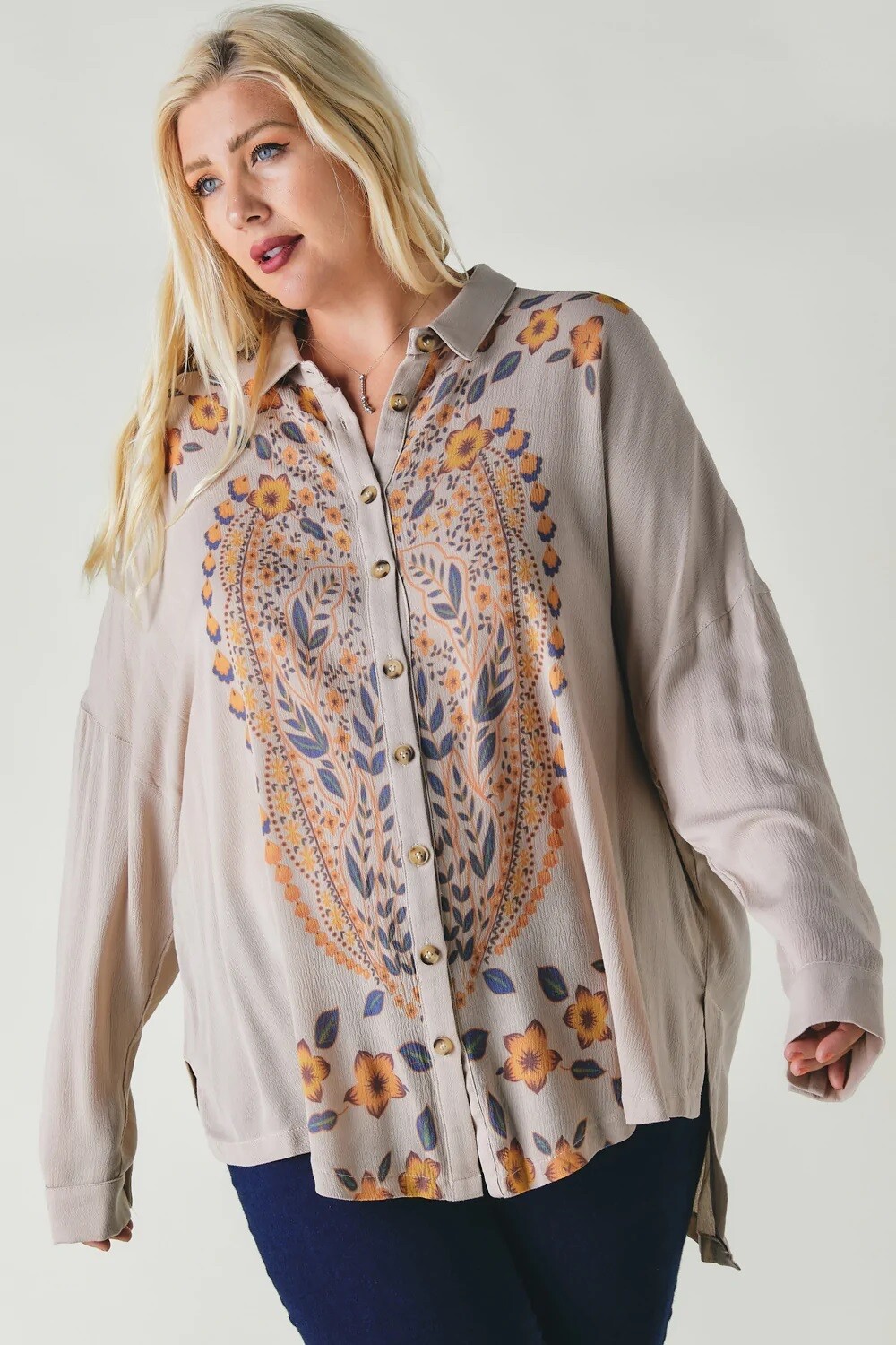 Plus Printed Button Down Long Sleeve Top