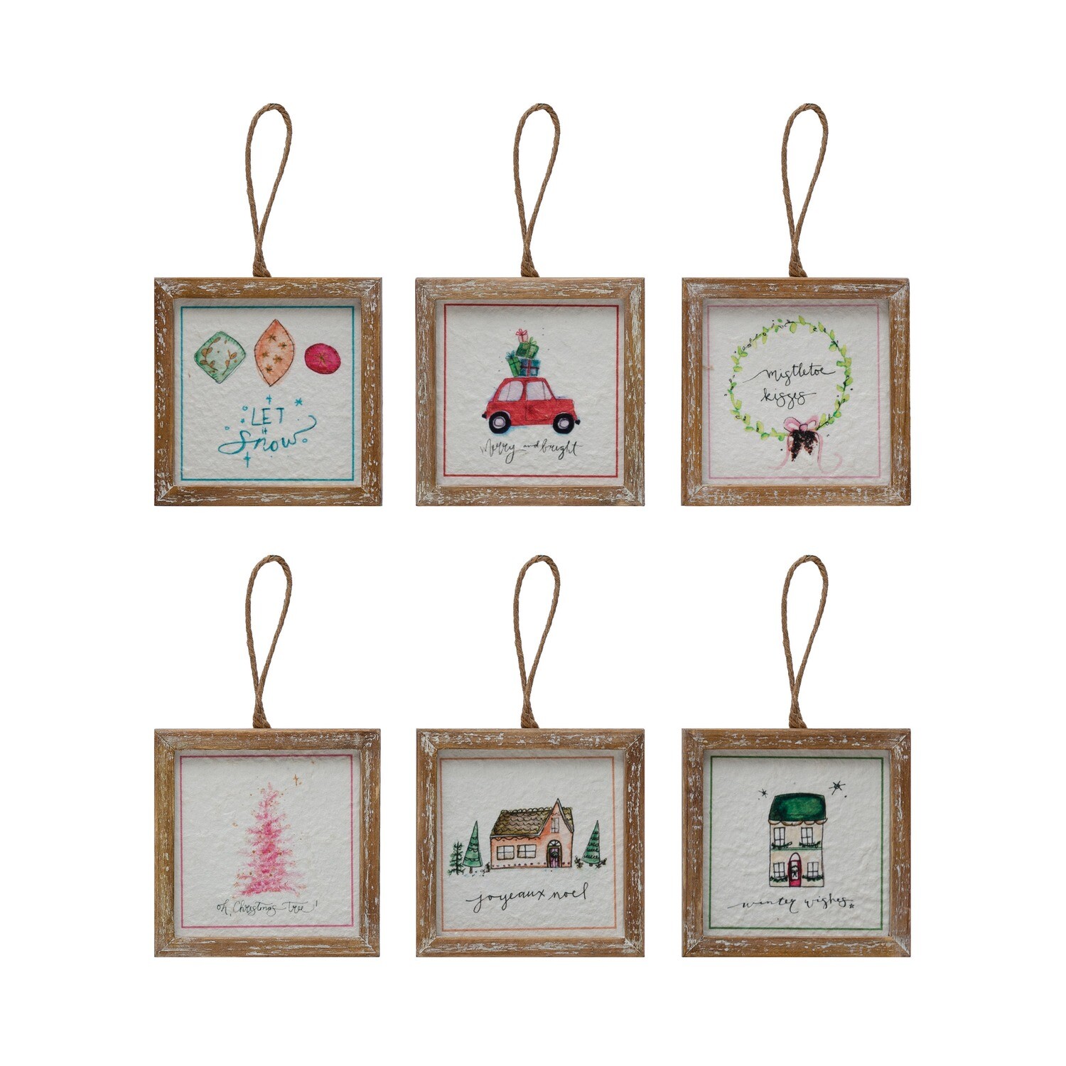 4 1/2" Square Wood Framed Ornament Holiday Sayings