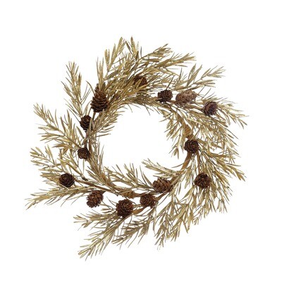 16" Faux Pine Wreath w/ Pinecones, Gold Finish