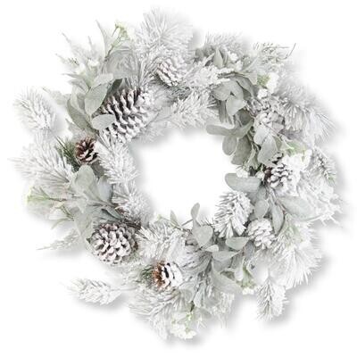 24 inch Glittered Flocked Pine Wreath w/ Lambs Ear