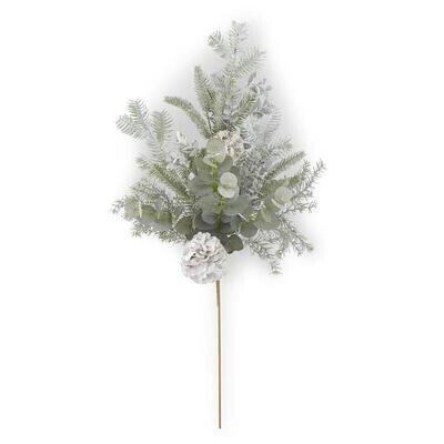 28 inch Silver Glittered Mixed Pine Eucalyptus Stem w/Pinecones